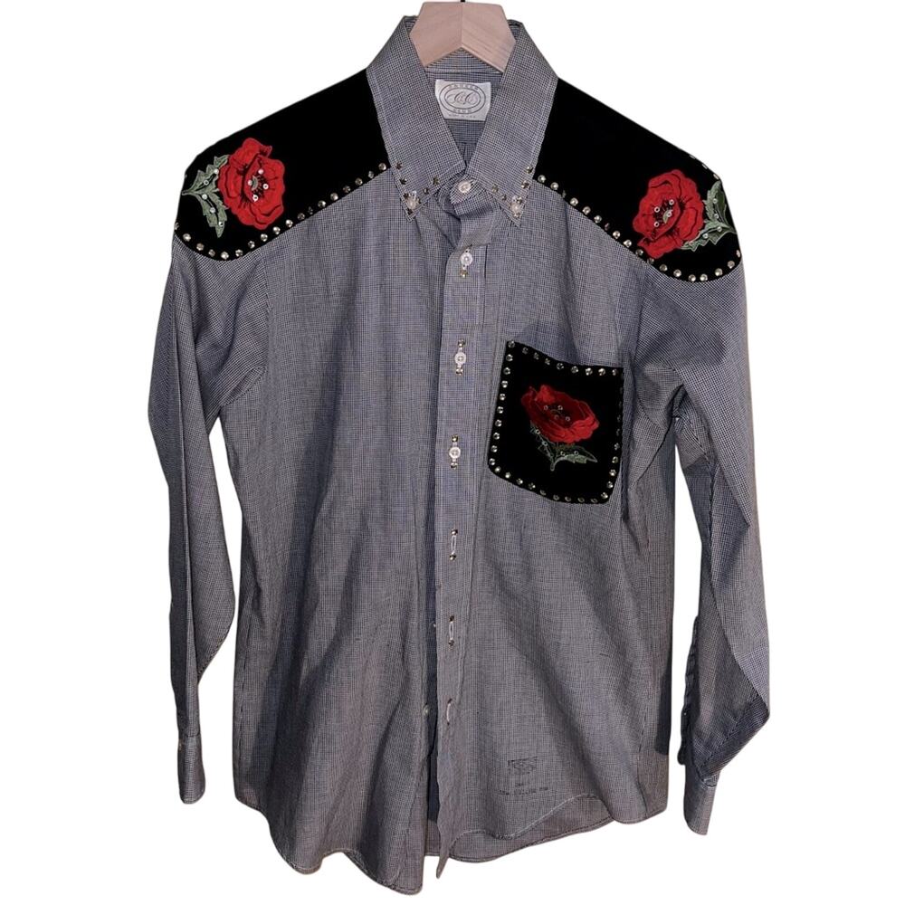 Women's Gray Button-Down Shirt with Red Rose Embroidery
